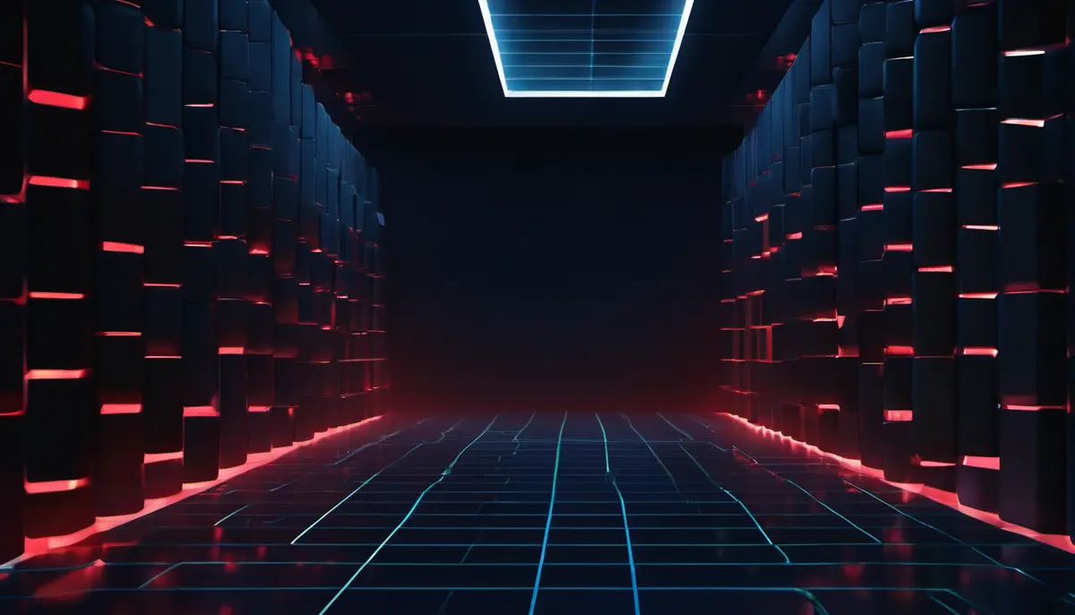 A dark corridor lined with stacked blocks lit by red and blue light, representing hidden code stored on a blockchain ledger