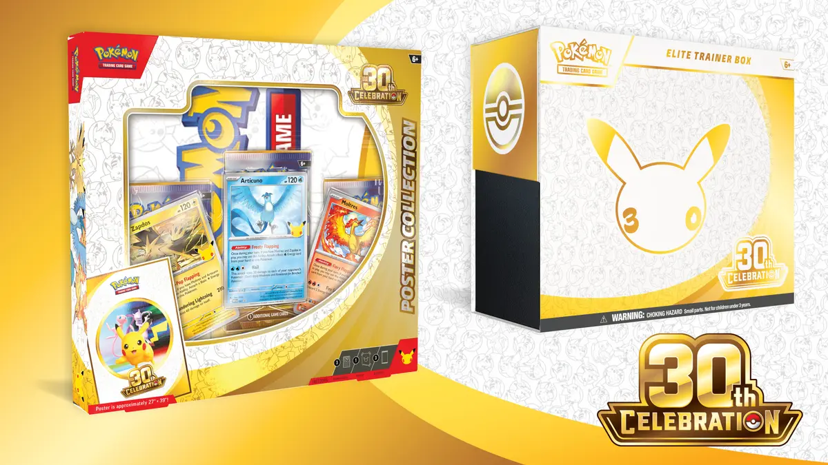 Official Pokémon TCG 30th Celebration artwork showing an Elite Trainer Box with a gold Pikachu, a Poster Collection box and the gold 30th Celebration logo.