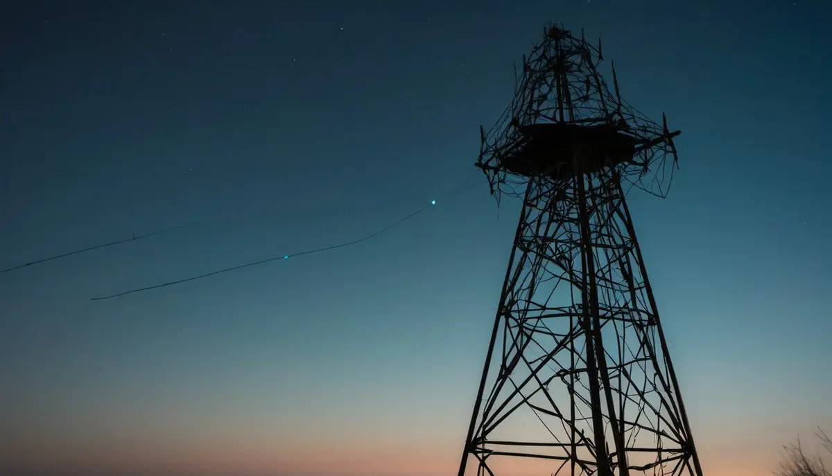 A communications mast stands silhouetted against a dusk sky, with faint trails of light crossing the frame.
