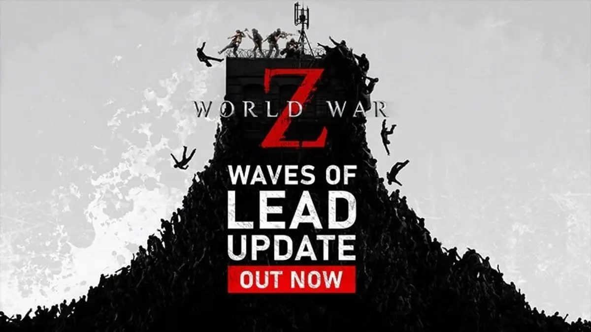 The Waves of Lead key art: a vast horde of zombies swarms up a radio tower beneath a spray of red on a pale sky, framed by the World War Z 'Z' mark and the words 'Waves of Lead Update - Out Now'