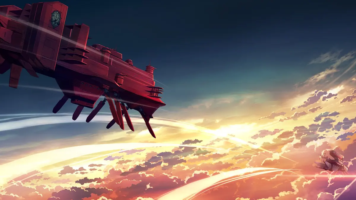 Falcom's official key art for *Trails in the Sky the 2nd*: a huge red airship with fin-like keels hangs above a sunlit sea of cloud