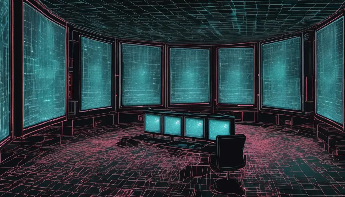 An empty ship-in-a-box styled operations room at night with curved screens showing abstract cyan radar grids overlaid with faint red warning lines