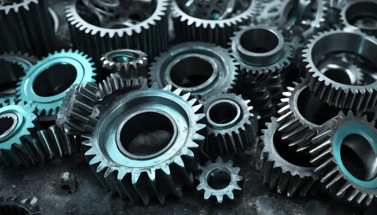 A dense heap of interlocking steel gears in charcoal and teal, lit from one side, with a single brightly machined gear among the worn ones