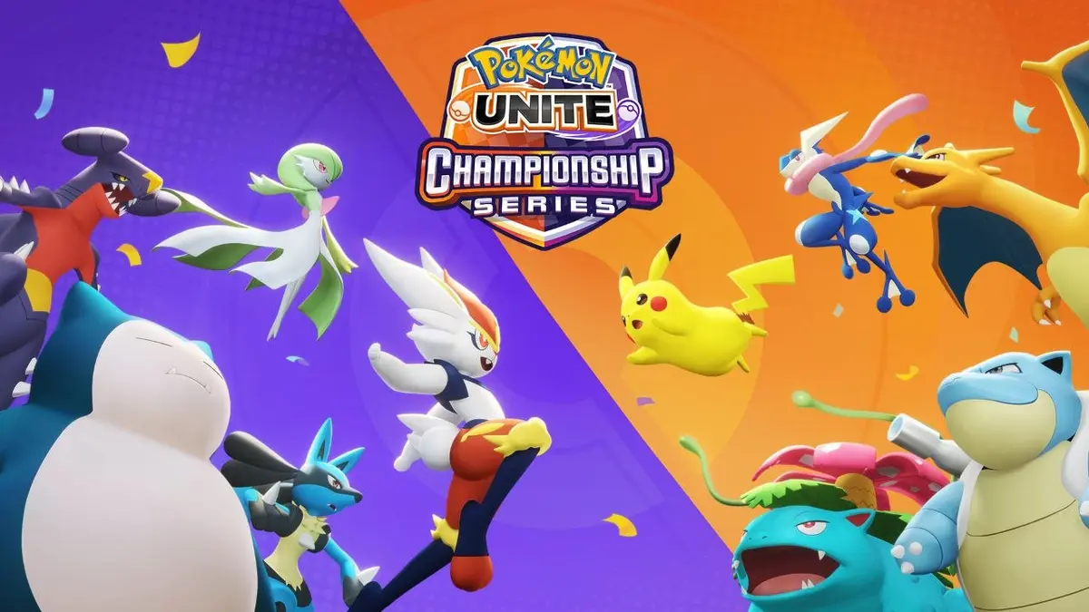Pokémon UNITE promotional artwork showing Pokémon battling together in a bright arena.