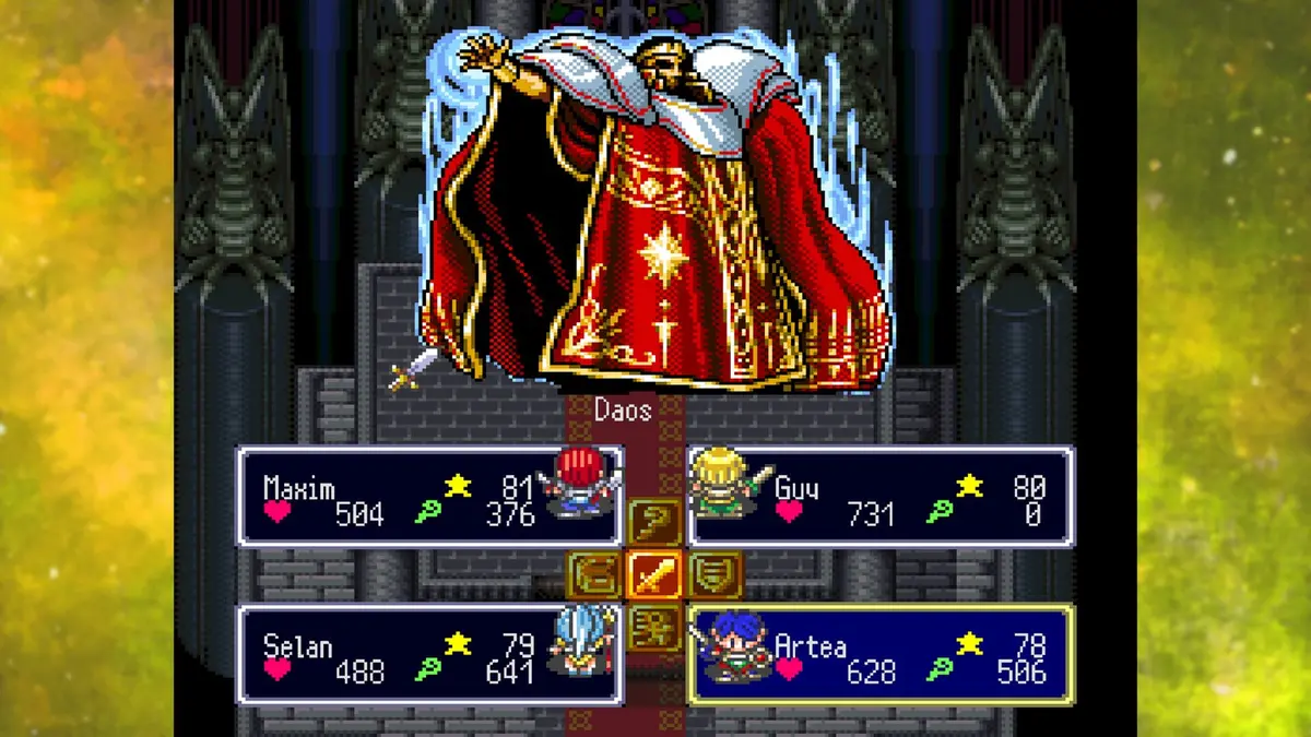 A battle screen from Lufia II: Rise of the Sinistrals with the armoured boss Daos in red and gold robes looming above four party members - Maxim, Guy, Selan and Artea - whose hit points and magic points are listed in panels below, framed by the game's blue and gold border art