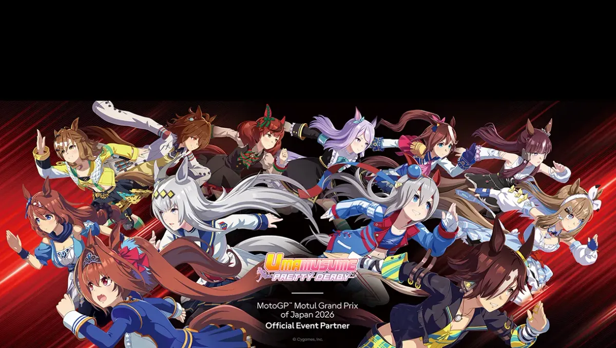 The main visual for the *Umamusume: Pretty Derby* partnership with the MotoGP Japanese Grand Prix at Mobility Resort Motegi.