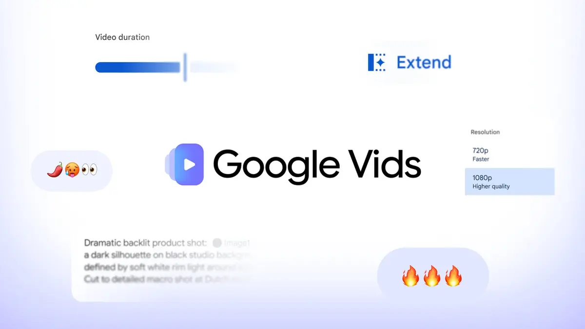 Google's artwork for the Vids update, showing the Google Vids logo on a pale gradient with a video duration slider, an Extend button, 720p and 1080p resolution options and emoji reaction buttons.