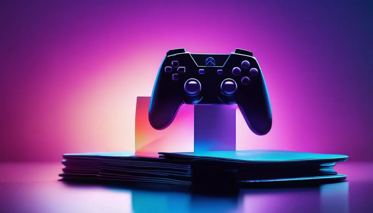 A black games controller resting on a stack of cards under pink and blue neon light against a gradient background.