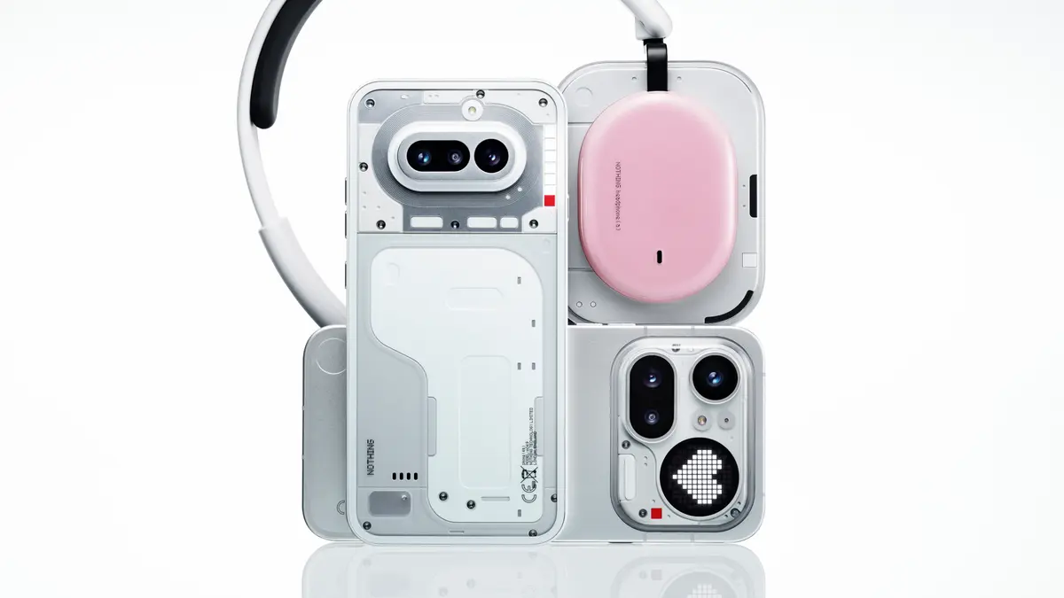 Nothing's banner showing a see-through Nothing smartphone beside white wireless earbuds and over-ear headphones against a pale background