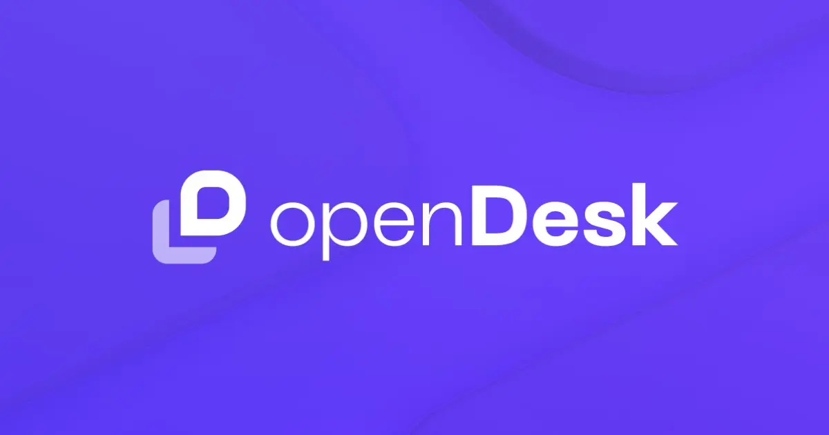 Supplied OpenDesk logo artwork on a purple gradient background: white geometric icon beside the OpenDesk wordmark.