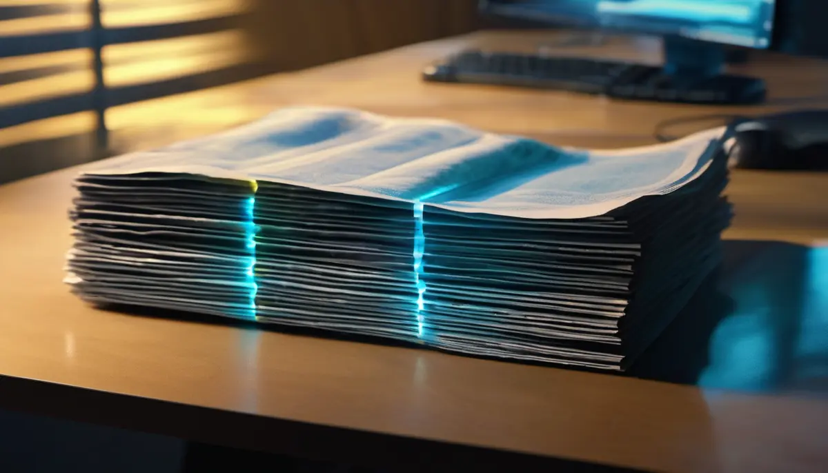 A thick stack of newspapers on a desk with glowing blue strands of light threading through the pages, beside a blurred computer monitor and keyboard