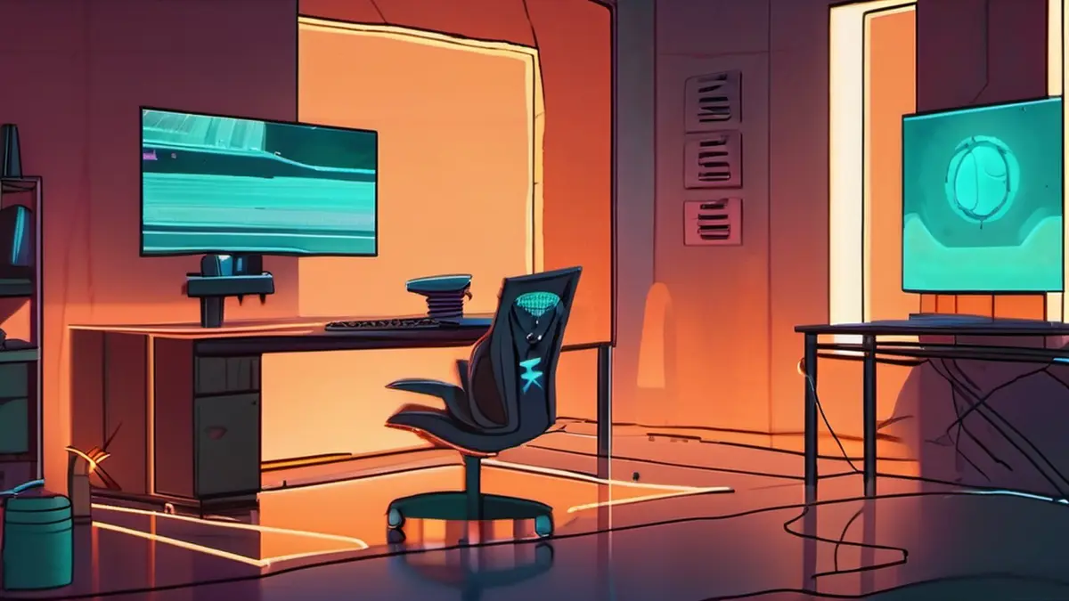 A dimly lit game development studio with a monitor showing a wireframe game character and level geometry, and glowing streams of code drifting through the room
