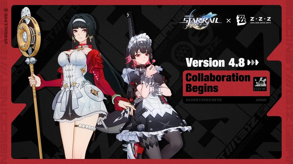 Official crossover key art: Astra Yao in a white corseted dress holding a golden microphone staff beside Ellen Joe in a black and white maid outfit with a shark-themed weapon, under the Honkai: Star Rail and Zenless Zone Zero logos and a red banner reading Version 4.8 Collaboration Begins.