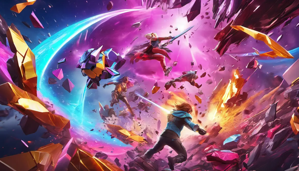 Colourful editorial artwork of fighters battling in a magical crystalline arena for Blast Blade