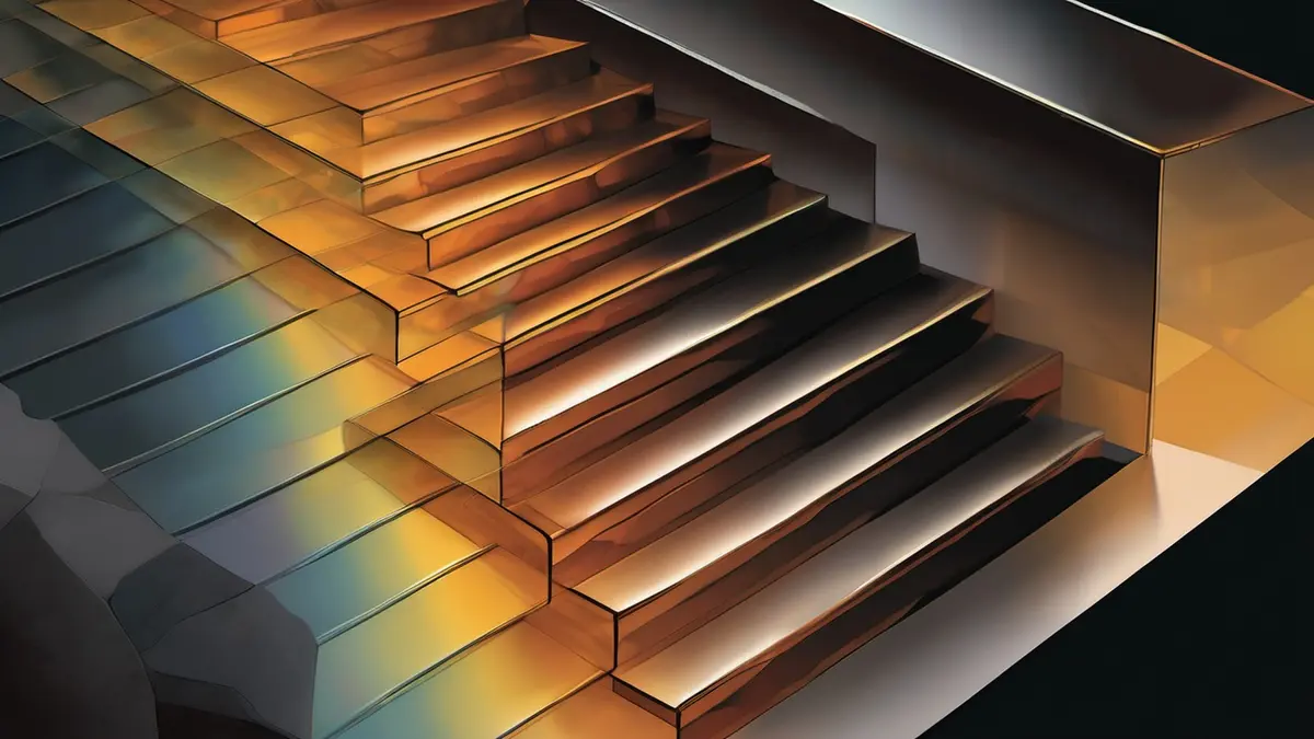 An illustration of a silicon wafer sliced into ascending steps, lit by a warm amber glow against a dark background