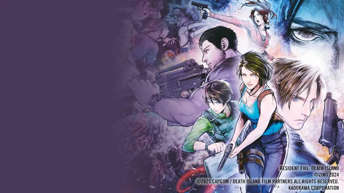 Resident Evil manga artwork showing Chris Redfield, Jill Valentine, Leon S. Kennedy, Claire Redfield and Rebecca Chambers