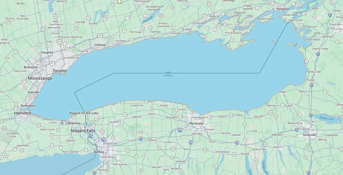 Map showing Lake Ontario between Toronto, Canada, and New York State, labelled Lake Ontario.