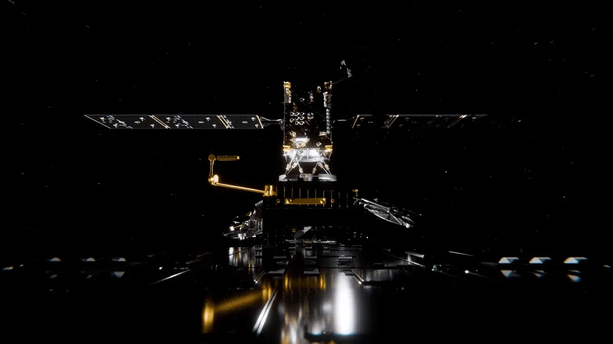 An artist’s impression of ClearSpace’s Phoenix servicing spacecraft: solar arrays spread wide and a docking arm reaching down towards the client satellite it will attach to, against black space.
