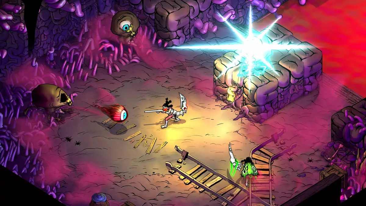 An isometric combat scene from the game Blighted: a white-haired fighter with a large sword faces a masked bomb-like creature in a pink and purple cave arena while a bright white burst of energy erupts on a stone block, with splintered planks and spiders scattered across the ground.