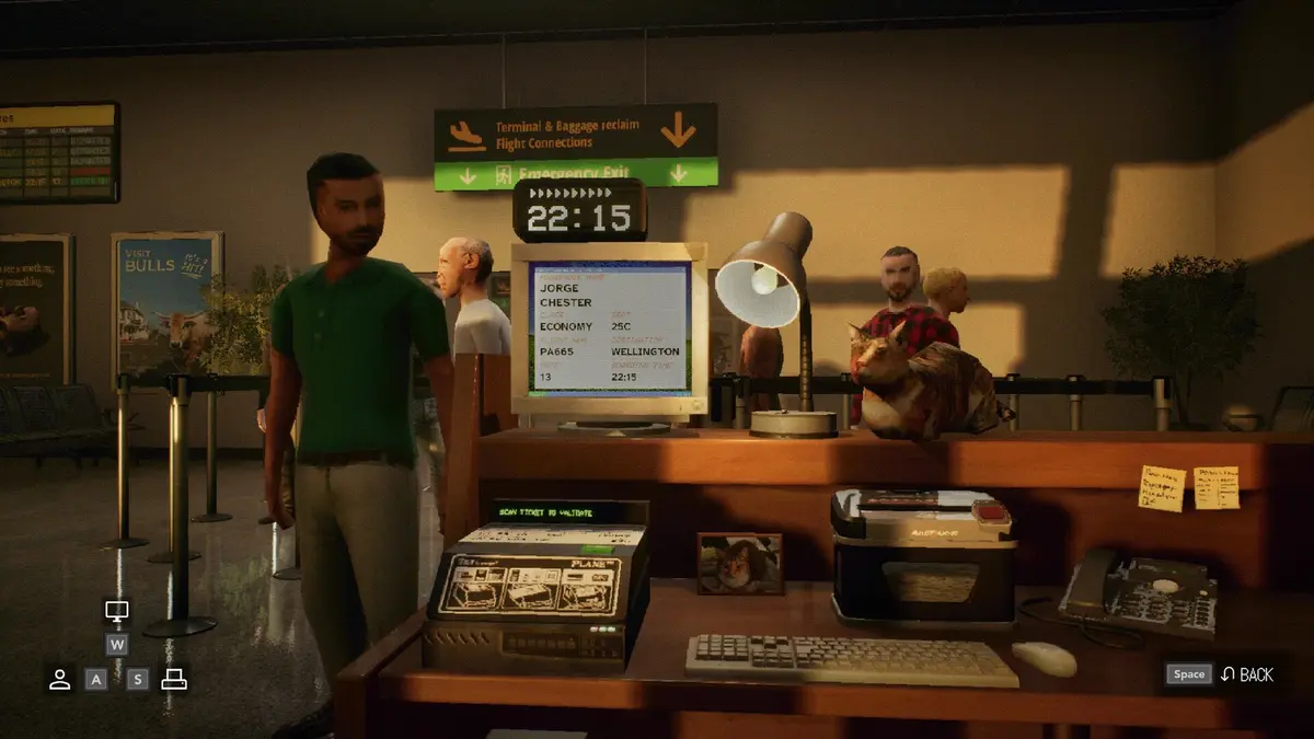 An airport check-in desk at night in Night Plane, with a departures clock reading 22:15, a check-in screen listing a passenger's flight details, a keyboard and a flight attendant in a green shirt waiting at the counter.