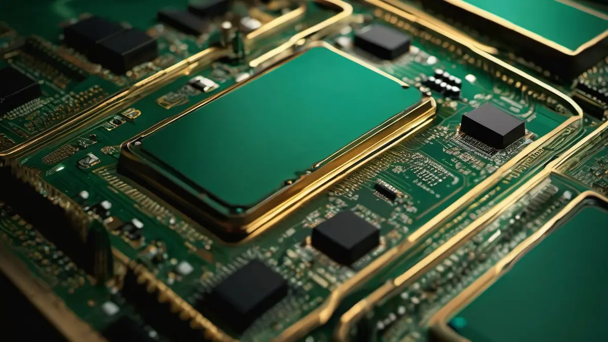 A macro view of a green circuit board with gold traces and black components around a large square chip package.
