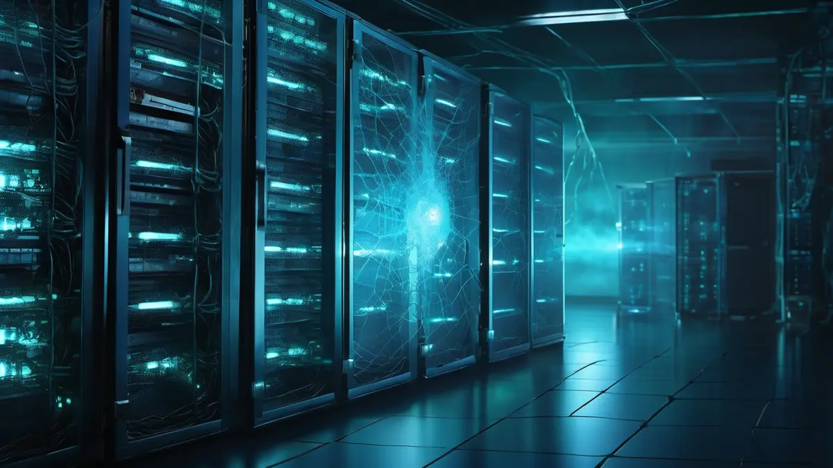 A dark data-centre aisle of blue-lit server racks, with a cracked glass panel glowing cyan in the nearest rack.