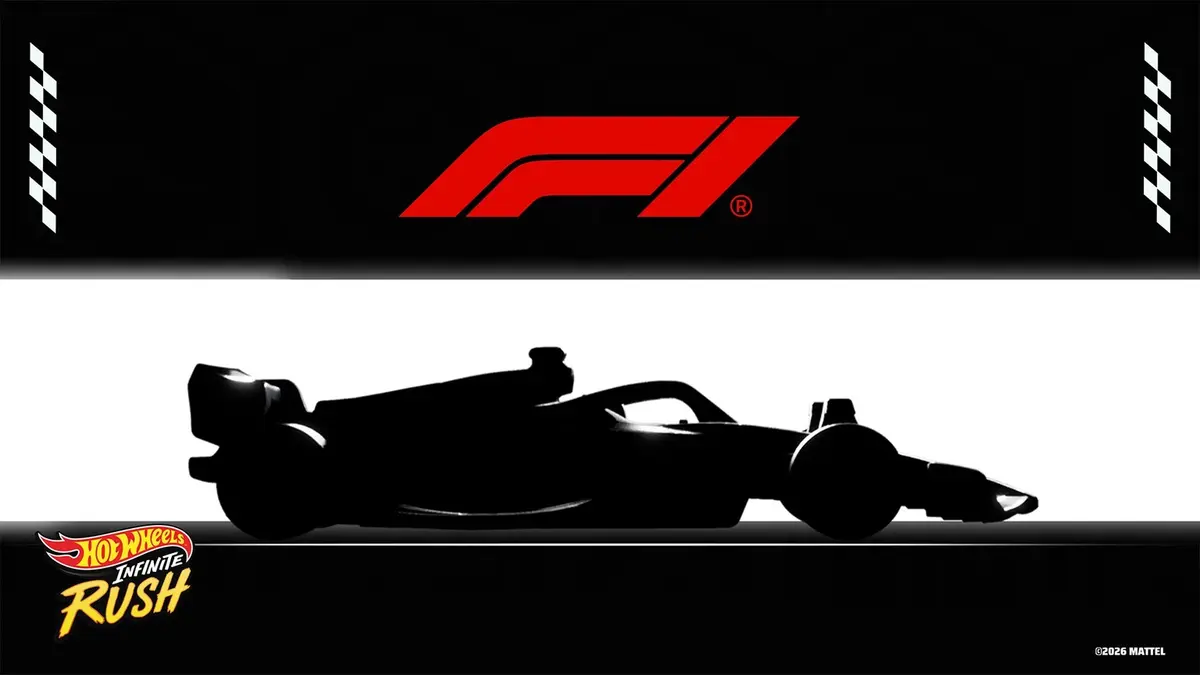 The red Formula 1 logo on a black field above a white band carrying a black Formula 1 car in side-profile silhouette, with the yellow and red HOT WHEELS Infinite Rush wordmark at the bottom left and checkered flag strips down both sides.