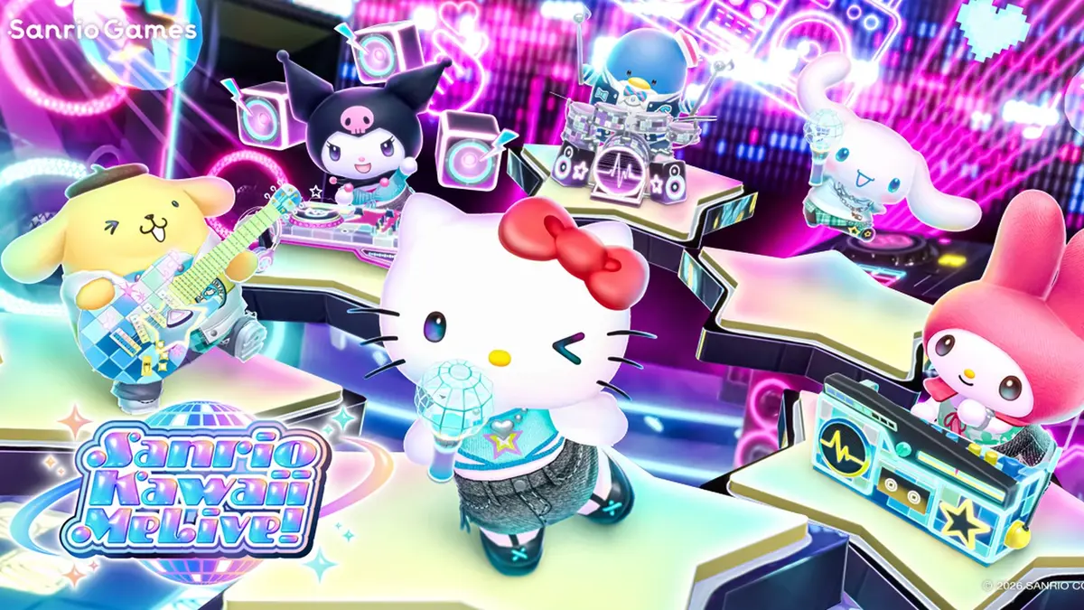 Hello Kitty sings into a microphone at the centre of a neon-lit stage, flanked by Kuromi on a DJ deck, Pompompurin with a guitar, Tuxedo Sam on drums, Cinnamoroll with a keytar and My Melody at a boombox, above the Sanrio Kawaii Me Live! logo.