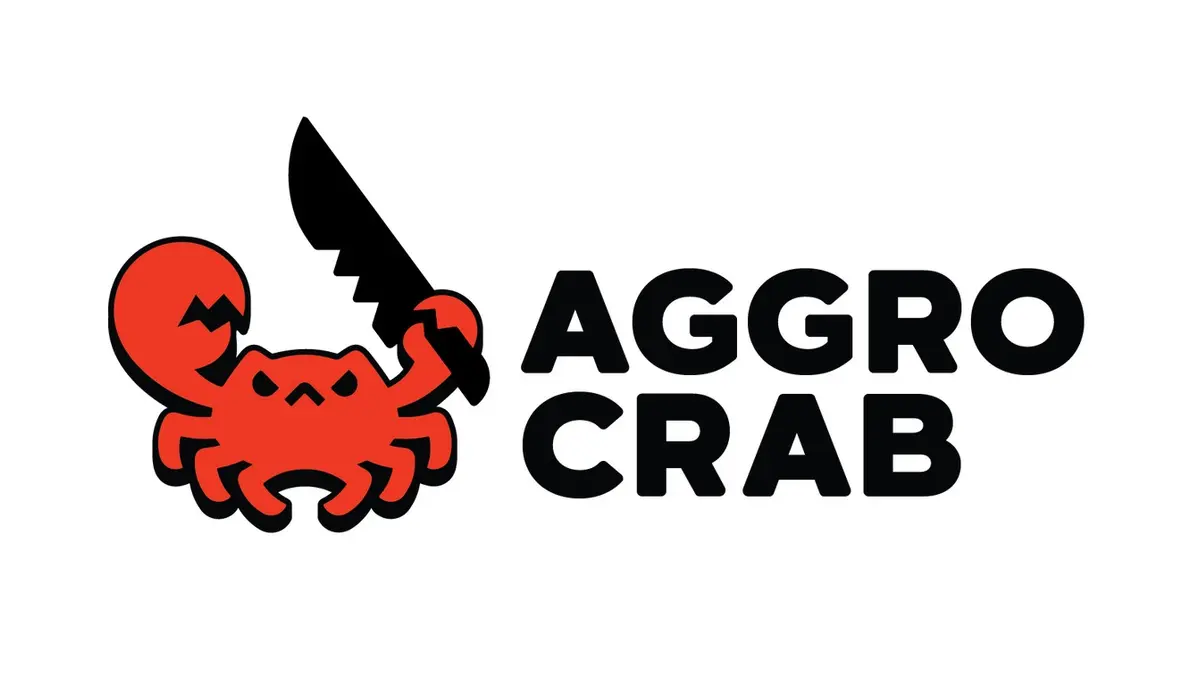 Aggro Crab’s crab mascot logo shown centred on a clean white background, representing the studio’s new publishing label.