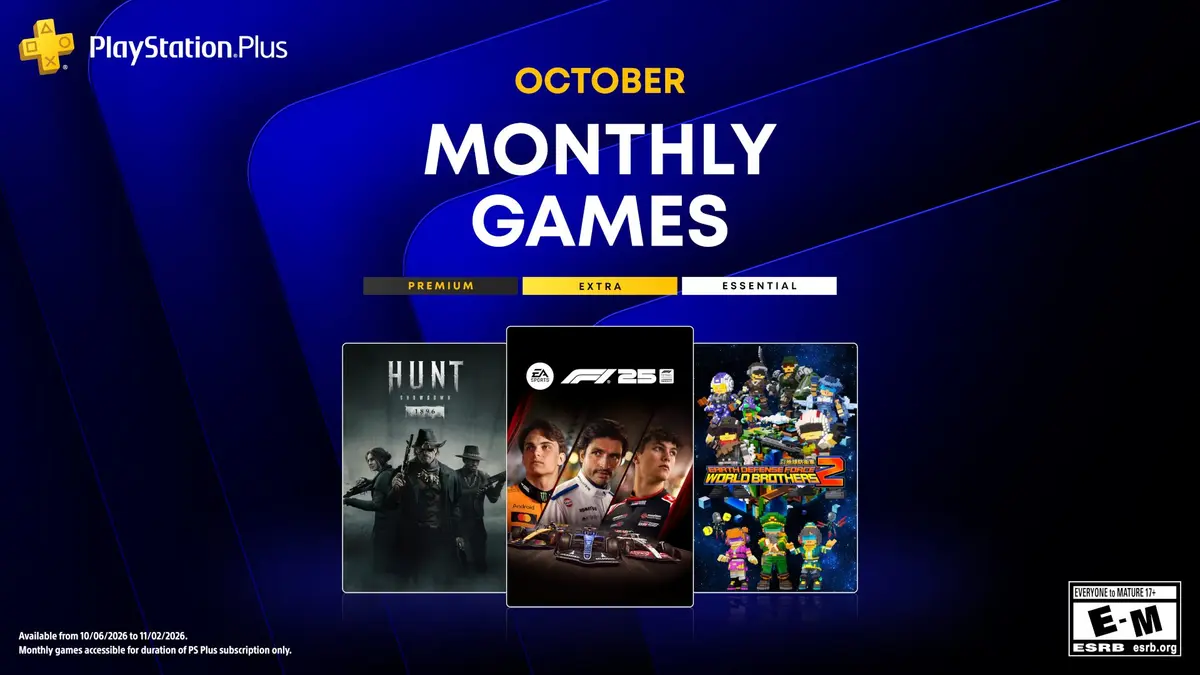 Official PlayStation Plus October Monthly Games key art, showing the PlayStation Plus logo above the game boxes for Hunt: Showdown 1896, EA Sports F1 25 and Earth Defense Force: World Brothers 2