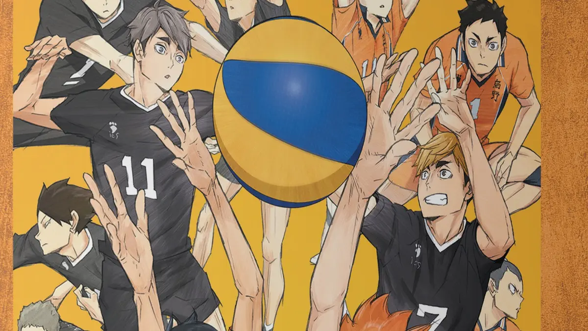 Cover art from the UK Blu-ray of Haikyu!! To the Top Season 4: Karasuno players in orange and black kit lunging for an orange and blue volleyball against a gold background, with the ball held at the centre of the frame