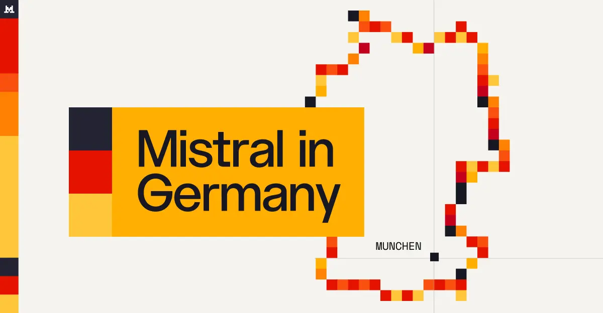 Mistral in Germany graphic with the Mistral logo and a pixel-art map of Germany marking München