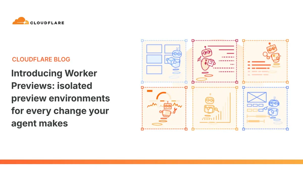 A Cloudflare blog banner on a white background with the words Introducing Worker Previews: isolated preview environments for every change your agent makes in bold dark text, a grid of six dashed panels containing orange and blue robot illustrations beside it, the Cloudflare logo and wordmark at the top left and an orange strip along the bottom edge.