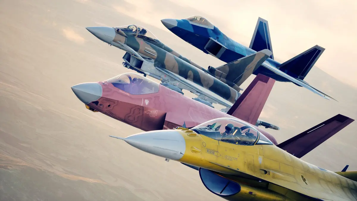 Official Ace Combat 8 artwork showing a fighter aircraft over a war-torn landscape