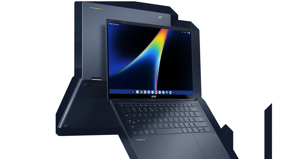 An open dark-blue Acer Googlebook 14 convertible laptop showing a Googlebook OS desktop with a rainbow-gradient wallpaper and app dock, with a side profile of the slim chassis beside it
