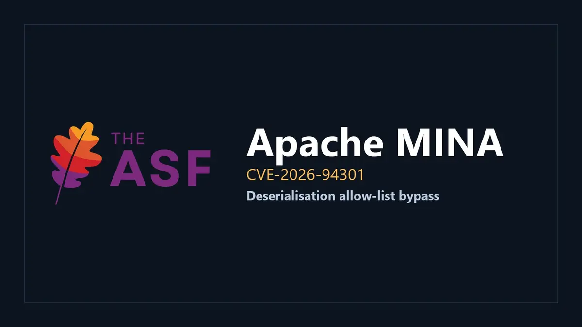 The Apache Software Foundation feather logo above the letters ASF on the left, with Apache MINA in large white type, CVE-2026-94301 in amber and Deserialisation allow-list bypass beneath it on a dark navy card.