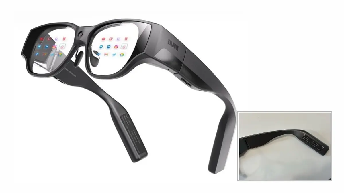 A pair of black INMO Air3 smart glasses shown at an angle with INMO branding on the temple and app icons visible in the lenses, beside a framed inset photograph of the inner temple label reading Brand INMO, Model IMA001, Product INMO AIR3.