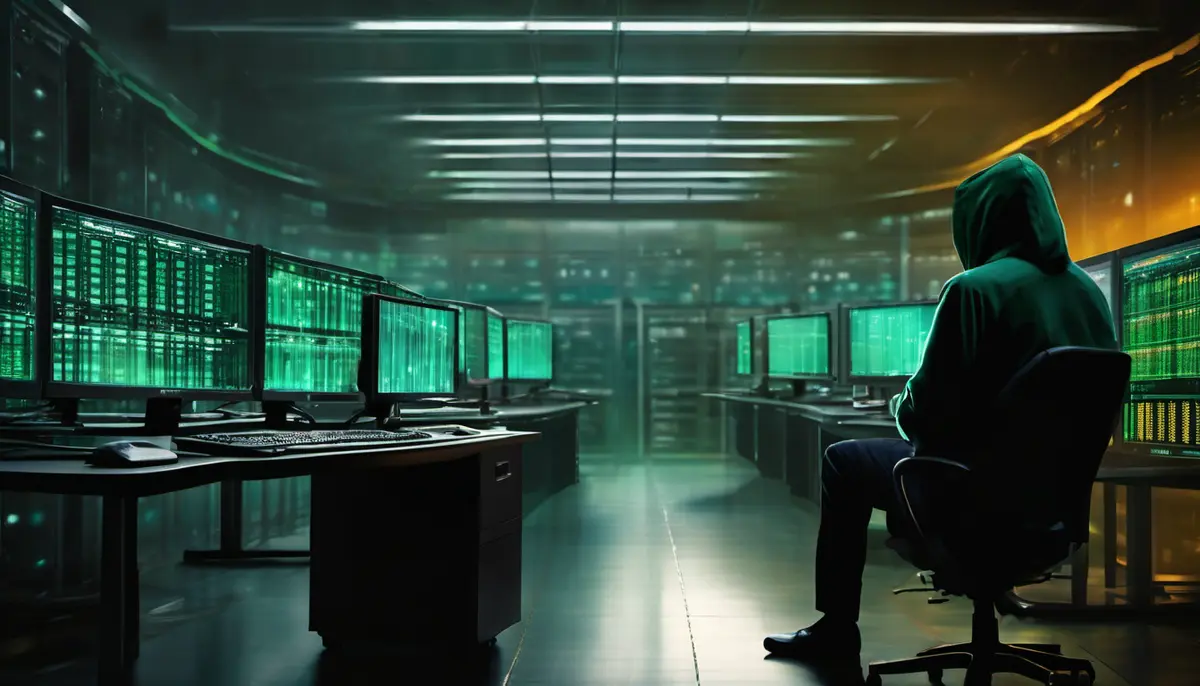 A lone analyst silhouetted against a wall of glowing monitors showing cascading code in a dark operations room