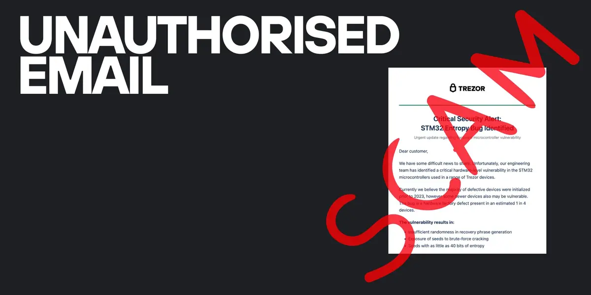Trezor security warning artwork about the Brevo email-provider phishing incident; official artwork supplied by Trezor