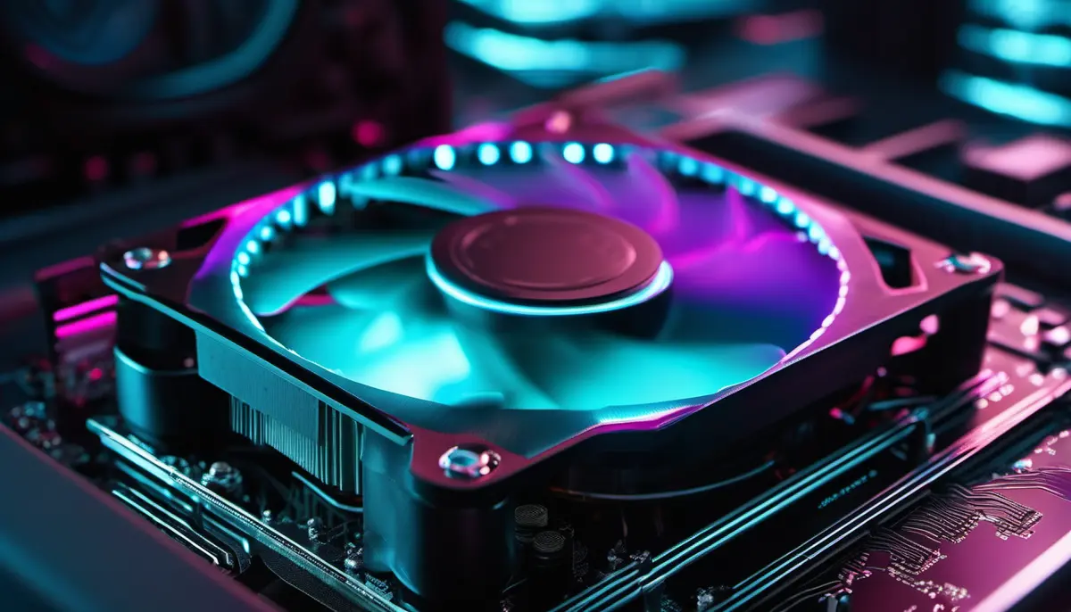 A graphics card cooler photographed in close-up under cyan and magenta light, its fan and fins filling the centre of the frame