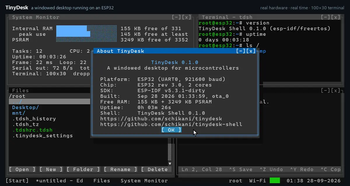 Four TinyDesk windows opened, dragged and resized side by side in a text-mode desktop running on an ESP32 board