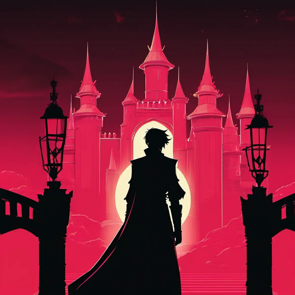 Original dramatic game showcase stage with gothic ruins, red lighting and an abstract vampire silhouette