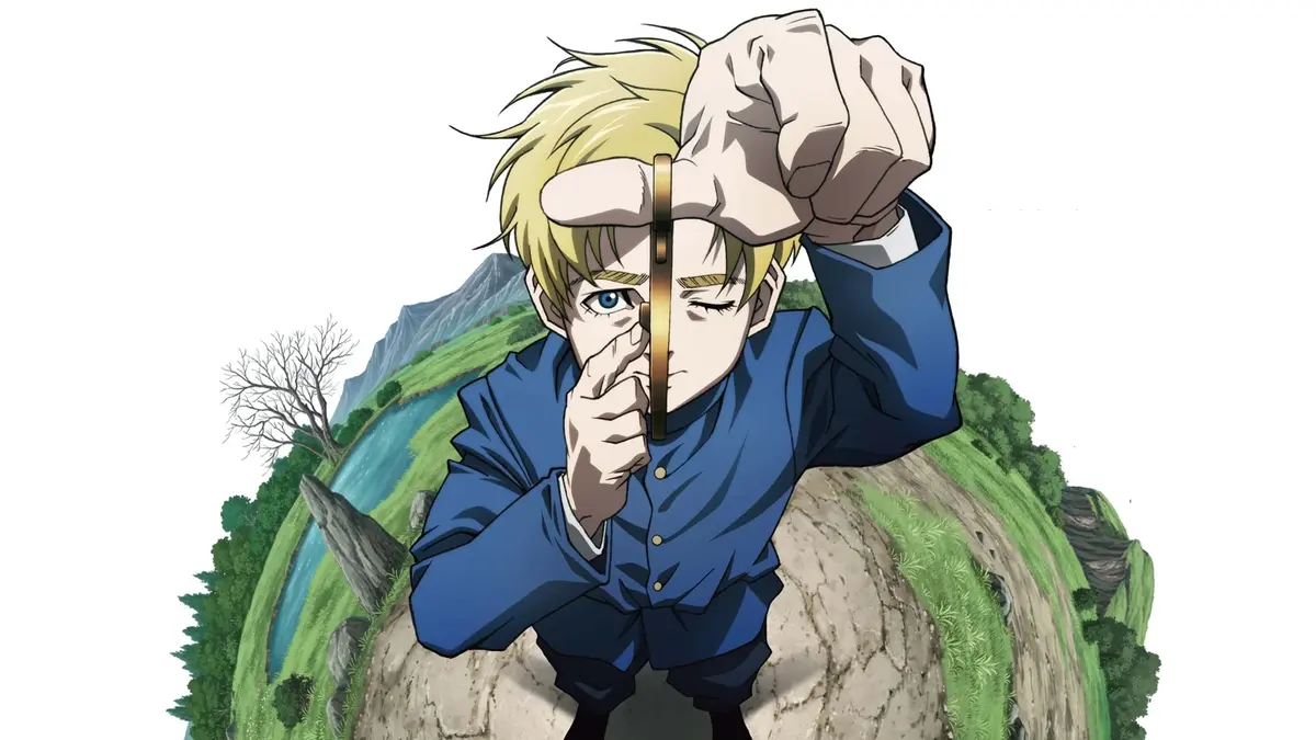 Promotional artwork associated with manga creator Uoto, showing a blond character in a blue uniform framing one eye with a raised hand against a dramatic landscape.