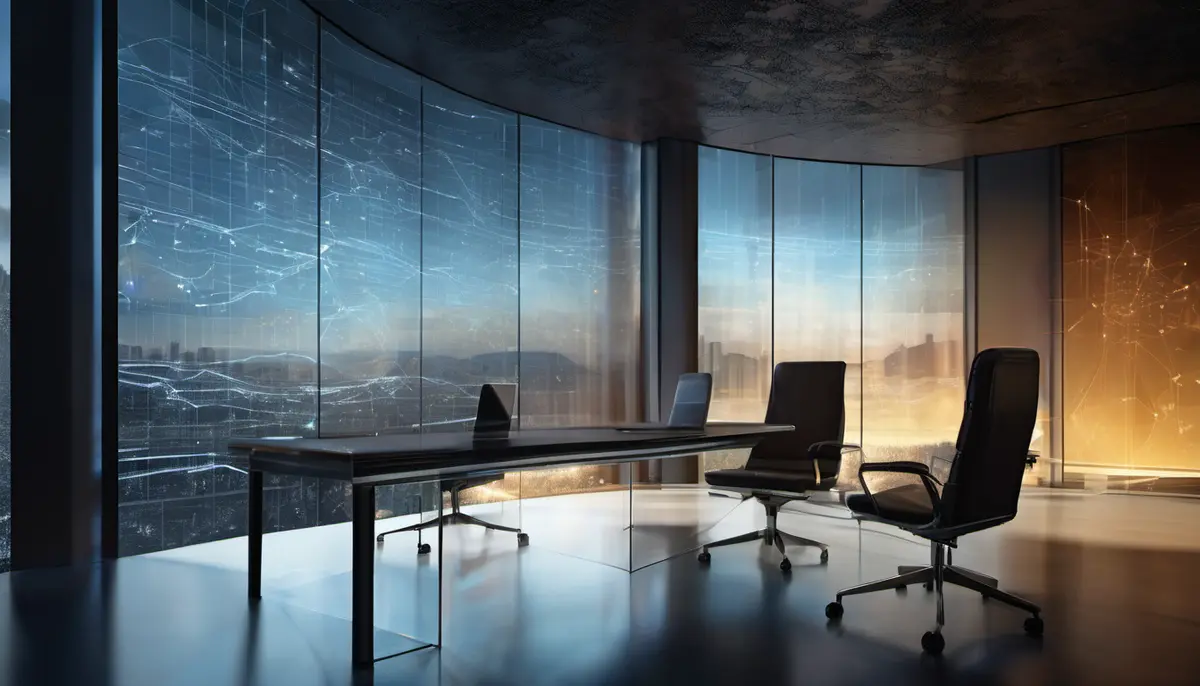 A dark modern boardroom with glass walls lit by translucent data panels and glowing network diagrams in blue and amber light