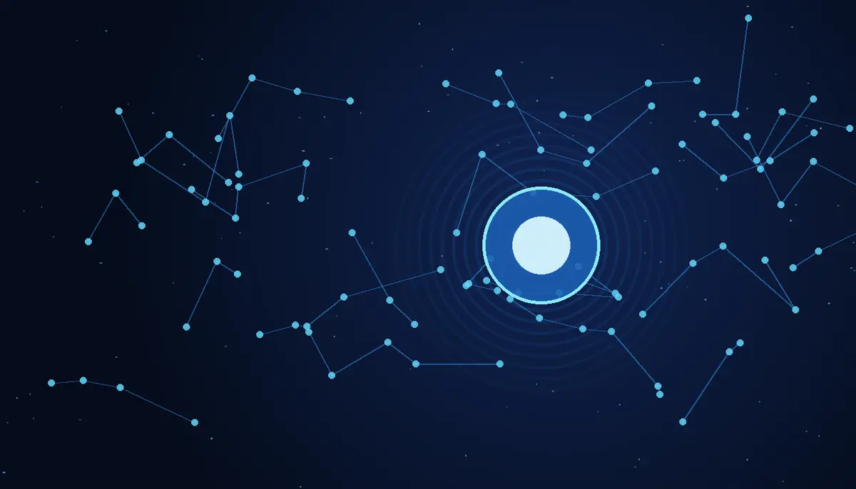 Abstract blue network and glowing model core representing Tencent’s large open-source Hy4 artificial intelligence model.