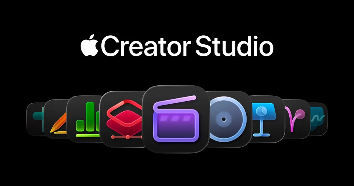 Apple Creator Studio branding above a row of app icons for Final Cut Pro, Logic Pro, Pixelmator Pro, Motion, Keynote and Compressor