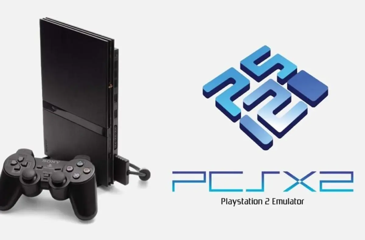 PlayStation 2 console and controller beside the PCSX2 PlayStation 2 emulator logo.
