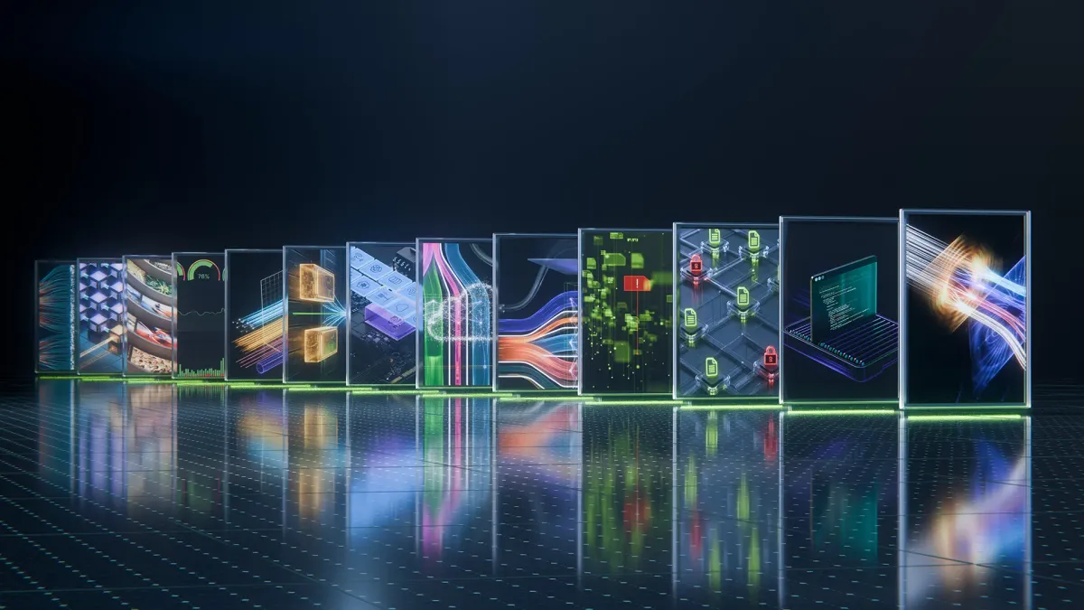 A row of glowing illuminated panels above a reflective floor, showing abstracted data centre, chip and network imagery