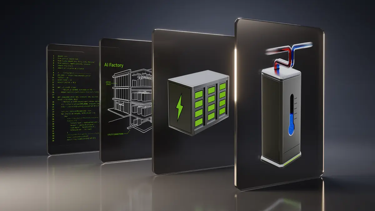 Four dark glass panels in a row on a reflective floor: a screen of green code, a green wireframe drawing of an AI Factory, a battery cabinet with glowing green cells and a lightning bolt, and a cooling unit with red and blue pipework and a blue thermometer gauge.