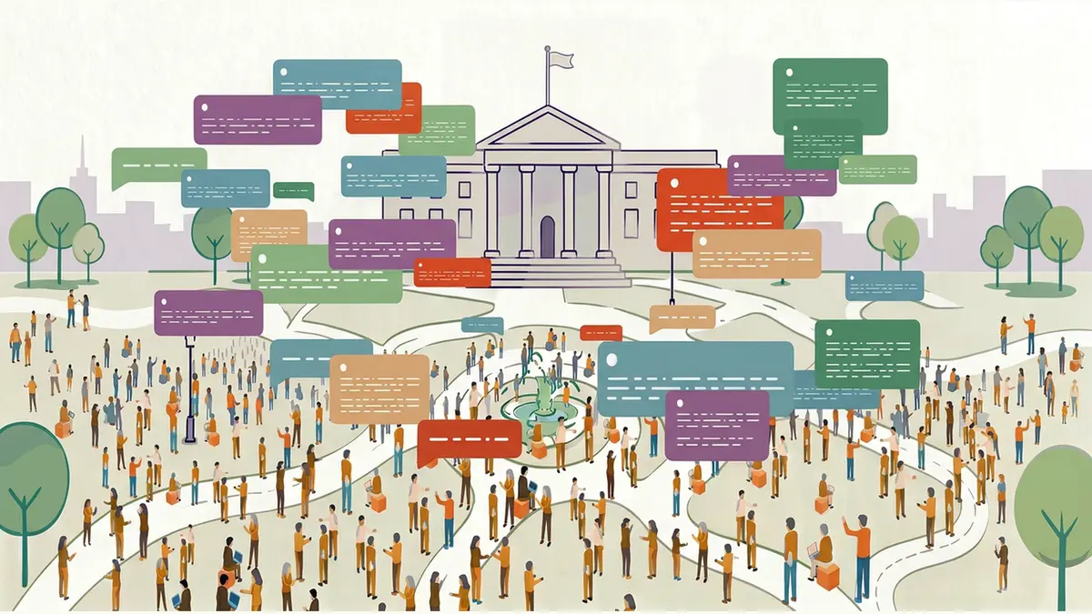 An illustration of a crowd gathered in front of a domed civic building beneath dozens of colourful speech bubbles